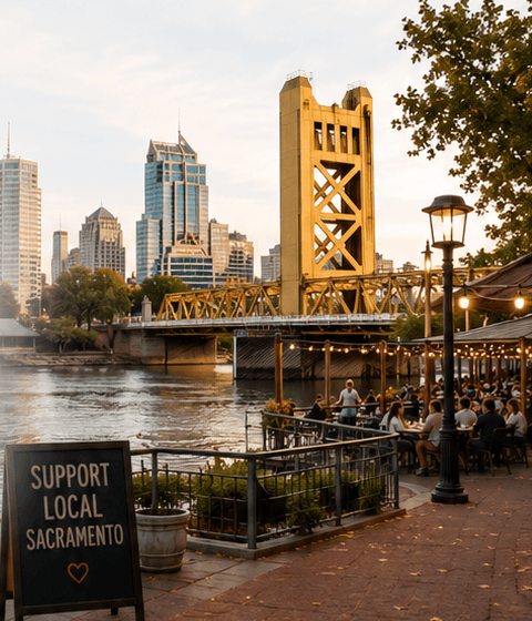 Riverfront patio dining beneath the Tower Bridge in Sacramento at dusk